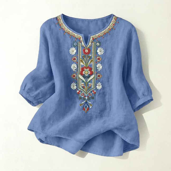 Buddha Stones T-shirt da donna primaverile in cotone e lino con ricami e maniche a tre quarti, stile boho. - Blu Denim - US16, UK/AU20, EU48 (3XL) - image 26