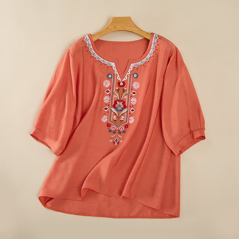 Buddha Stones T-shirt da donna primaverile in cotone e lino con ricami e maniche a tre quarti, stile boho. - Arancia - US16, UK/AU20, EU48 (3XL) - image 0