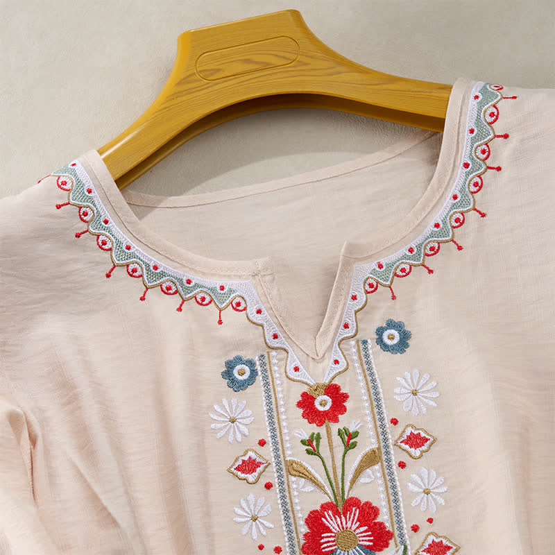 Buddha Stones T-shirt da donna primaverile in cotone e lino con ricami e maniche a tre quarti, stile boho. - image 15