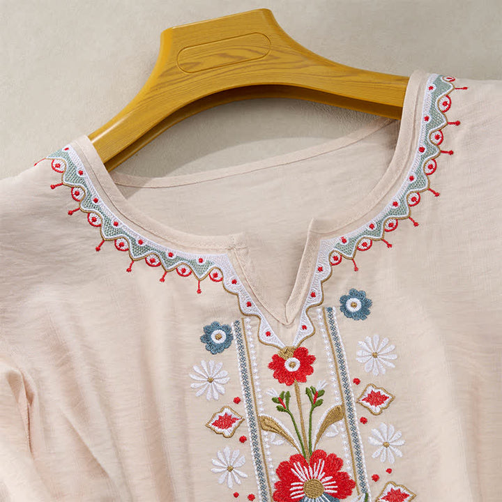 Buddha Stones T-shirt da donna primaverile in cotone e lino con ricami e maniche a tre quarti, stile boho. - image 15