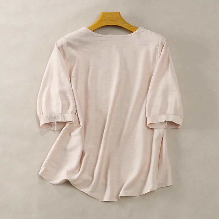 Buddha Stones T-shirt da donna primaverile in cotone e lino con ricami e maniche a tre quarti, stile boho. - image 14