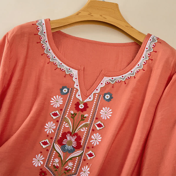 Buddha Stones T-shirt da donna primaverile in cotone e lino con ricami e maniche a tre quarti, stile boho. - image 2