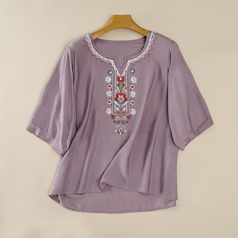 Buddha Stones T-shirt da donna primaverile in cotone e lino con ricami e maniche a tre quarti, stile boho. - image 7