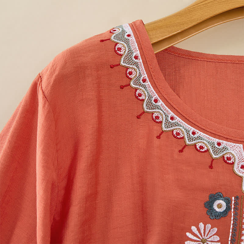 Buddha Stones T-shirt da donna primaverile in cotone e lino con ricami e maniche a tre quarti, stile boho. - image 3