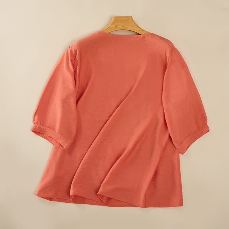 Buddha Stones T-shirt da donna primaverile in cotone e lino con ricami e maniche a tre quarti, stile boho. - image 1