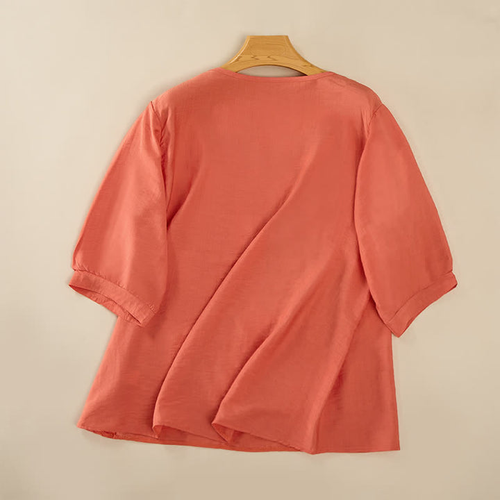 Buddha Stones T-shirt da donna primaverile in cotone e lino con ricami e maniche a tre quarti, stile boho. - image 1