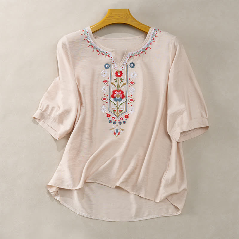 Buddha Stones T-shirt da donna primaverile in cotone e lino con ricami e maniche a tre quarti, stile boho. - Beige - US16, UK/AU20, EU48 (3XL) - image 13