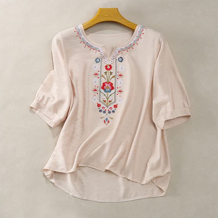 Buddha Stones T-shirt da donna primaverile in cotone e lino con ricami e maniche a tre quarti, stile boho. - Beige - US16, UK/AU20, EU48 (3XL) - image 13