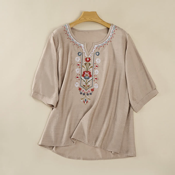 T-shirt da donna a maniche a tre quarti con ricami e motivo Buddha Stones Spring Boho - Cachi scuro - US16, UK/AU20, EU48 (3XL) - image 18