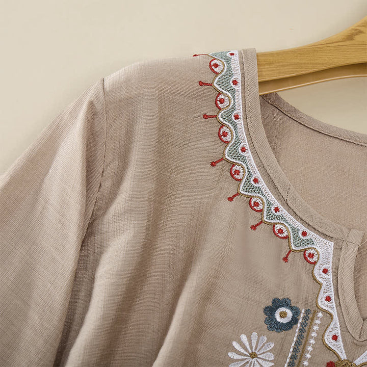 Buddha Stones T-shirt da donna primaverile in cotone e lino con ricami e maniche a tre quarti, stile boho. - image 21