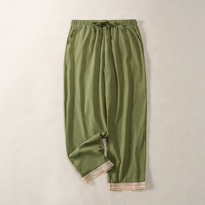 Buddha Stones Pantaloni da donna estivi affusolati con orlo rifinito in pizzo, tinta unita, con tasche. - Verde oliva - US14, UK/AU18, EU46 (2XL) - image 27