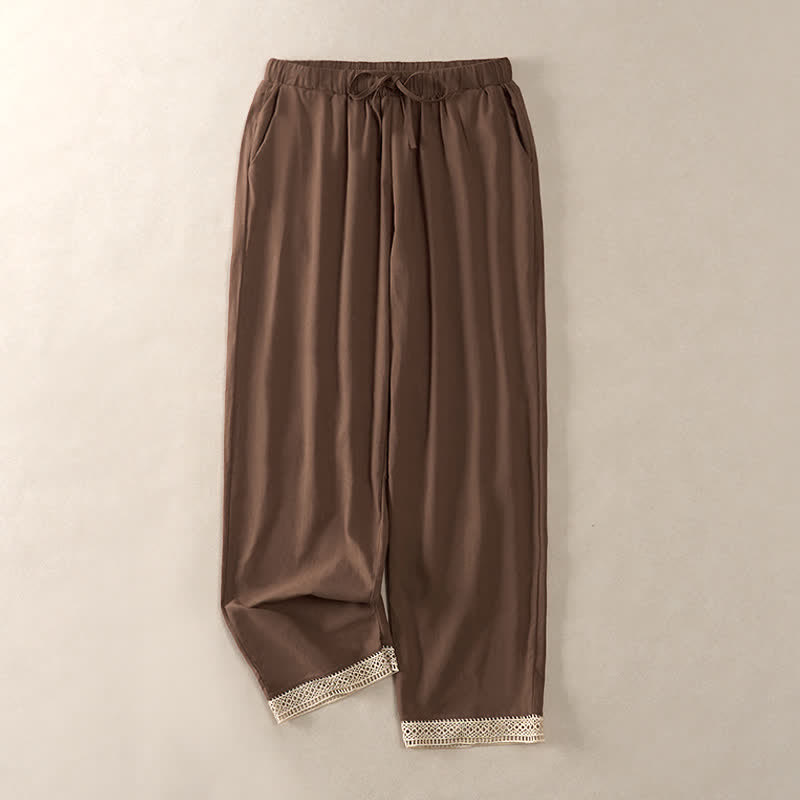 Buddha Stones Pantaloni da donna estivi affusolati con orlo rifinito in pizzo, tinta unita, con tasche. - Marrone sella - US14, UK/AU18, EU46 (2XL) - image 0