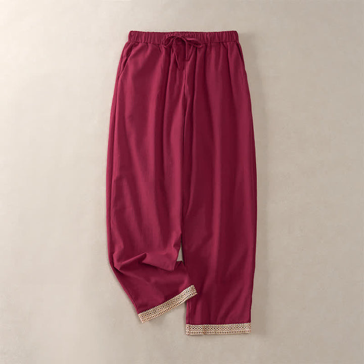 Buddha Stones Pantaloni da donna estivi affusolati con orlo rifinito in pizzo, tinta unita, con tasche. - Cremisi - US14, UK/AU18, EU46 (2XL) - image 21