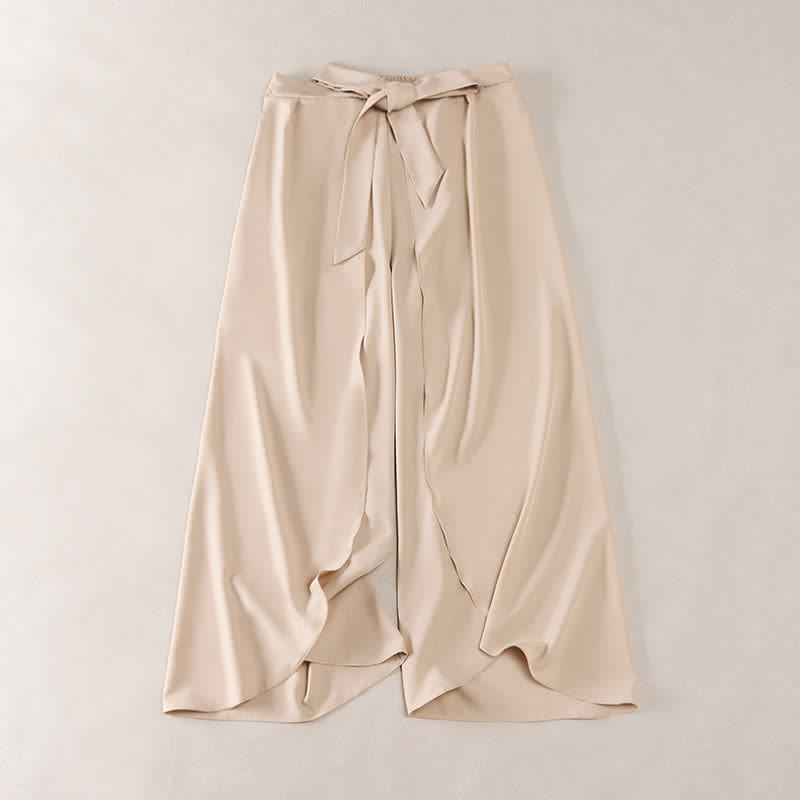 Buddha Stones Eleganti pantaloni da donna a gamba larga, a vita alta, con spacco laterale e coulisse, modello a fiocco. - Biscotto - US16, UK/AU20, EU48 (3XL) - image 6