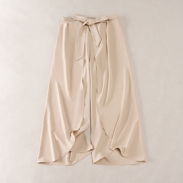 Buddha Stones Eleganti pantaloni da donna a gamba larga, a vita alta, con spacco laterale e coulisse, modello a fiocco. - Biscotto - US16, UK/AU20, EU48 (3XL) - image 6