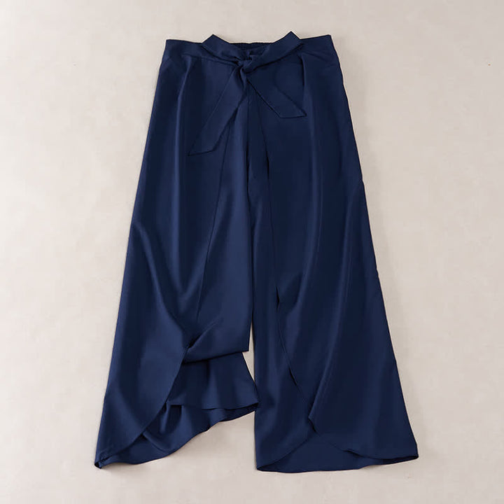 Buddha Stones Eleganti pantaloni da donna a gamba larga, a vita alta, con spacco laterale e coulisse, modello a fiocco. - Blu mezzanotte - US16, UK/AU20, EU48 (3XL) - image 10