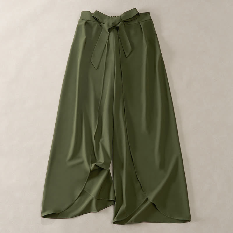 Buddha Stones Eleganti pantaloni da donna a gamba larga, a vita alta, con spacco laterale e coulisse, modello a fiocco. - Verde oliva scuro - US16, UK/AU20, EU48 (3XL) - image 0