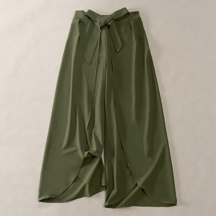 Buddha Stones Eleganti pantaloni da donna a gamba larga, a vita alta, con spacco laterale e coulisse, modello a fiocco. - Verde oliva scuro - US16, UK/AU20, EU48 (3XL) - image 0