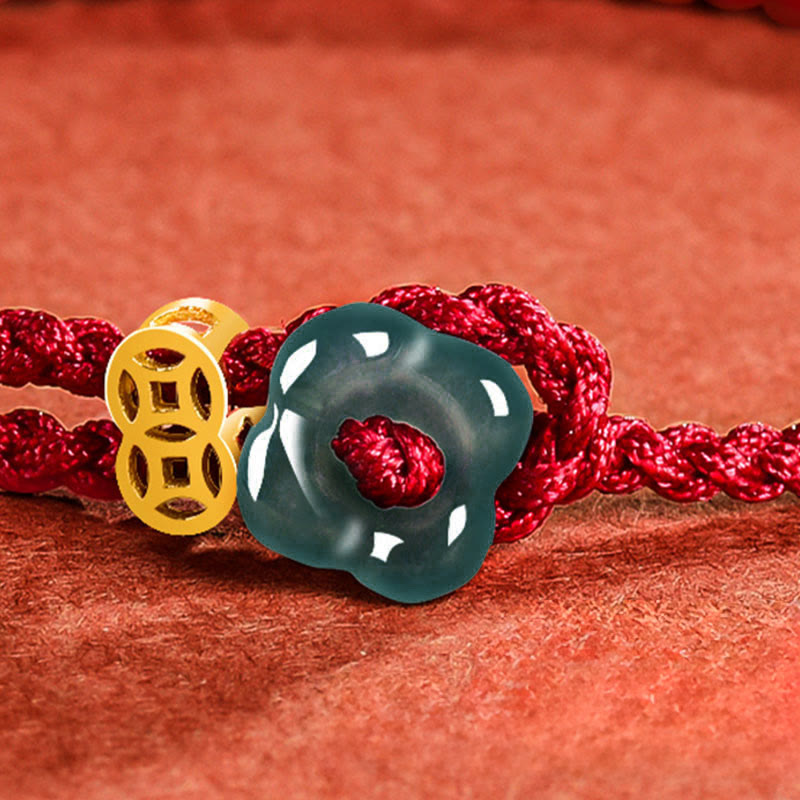 Buddha Stones Braccialetto con fiore di giada, moneta di rame e cordino rosso - image 11