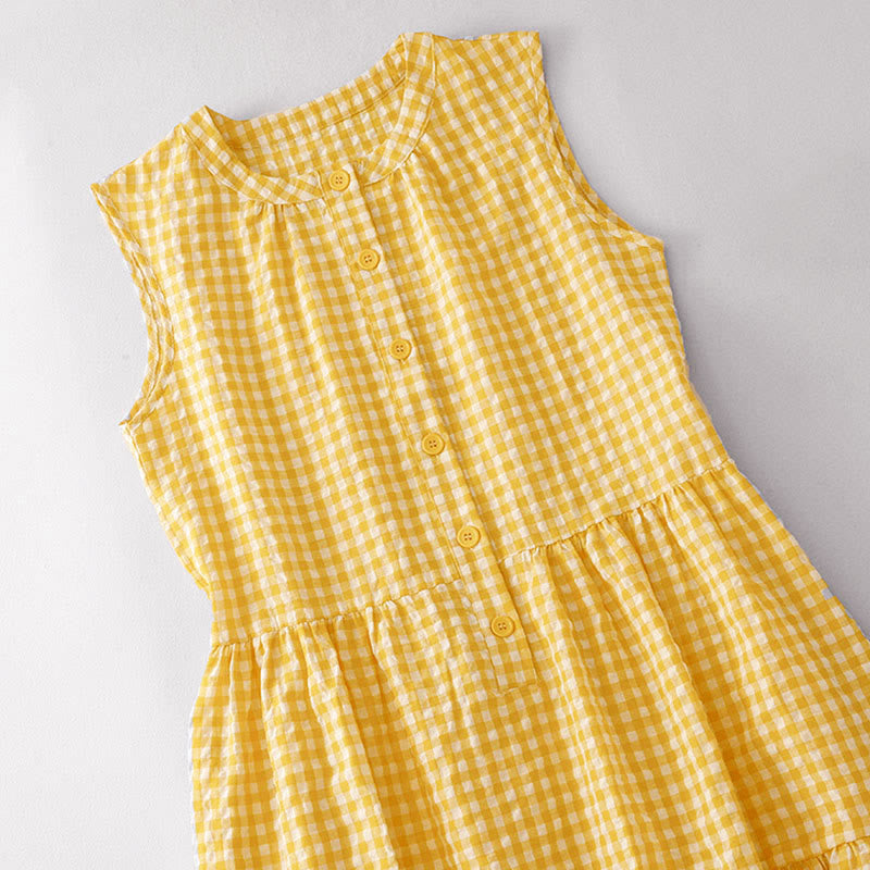 Buddha Stones Abito estivo in cotone a quadri, senza maniche, con scollo rotondo, lunghezza al ginocchio. - image 1