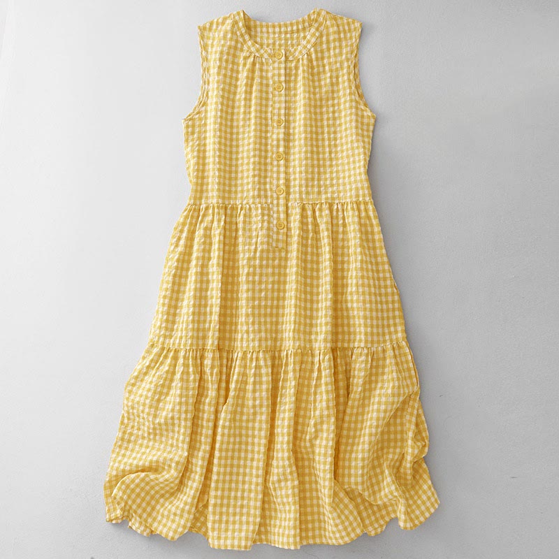 Buddha Stones Abito estivo in cotone a quadri, senza maniche, con scollo rotondo, lunghezza al ginocchio. - Oro - US12, UK/AU16, EU44 (2XL) - image 0