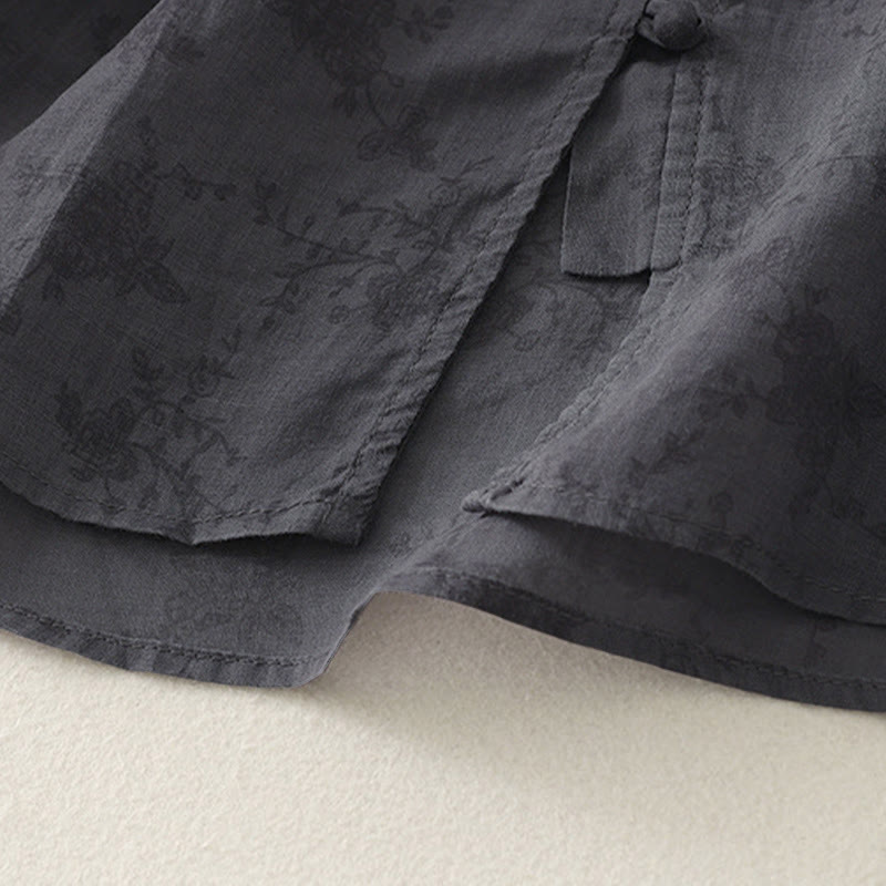 Buddha Stones Camicia estiva da donna con colletto alla coreana, bottoni ricamati e maniche a tre quarti. - image 4