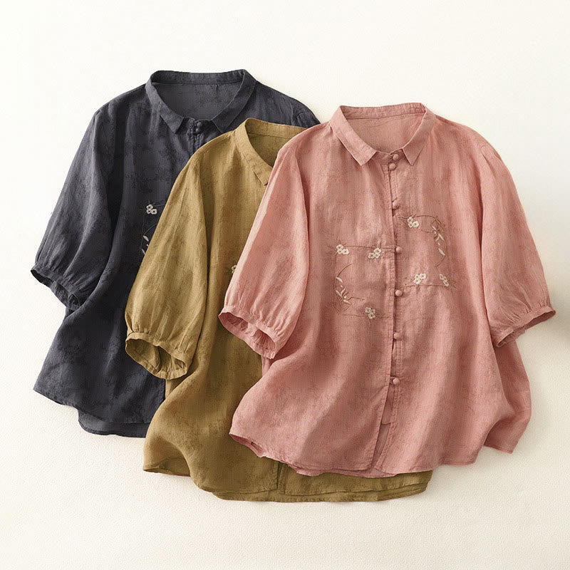 Buddha Stones Camicia estiva da donna con colletto alla coreana, bottoni ricamati e maniche a tre quarti. - image 19