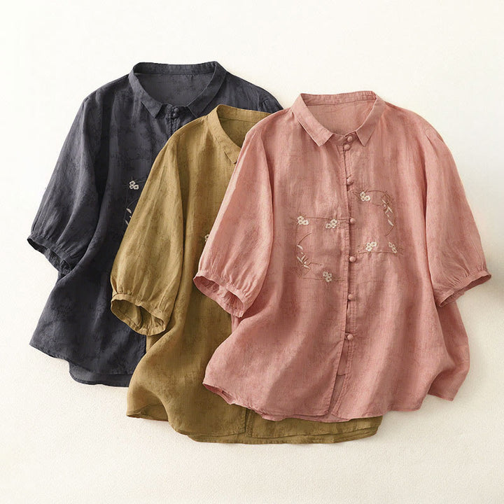 Buddha Stones Camicia estiva da donna con colletto alla coreana, bottoni ricamati e maniche a tre quarti. - image 19