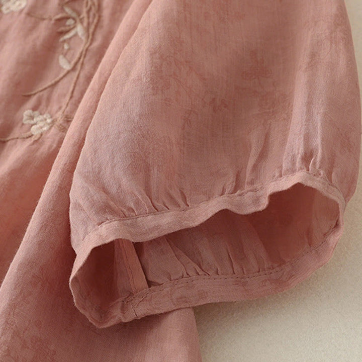 Buddha Stones Camicia estiva da donna con colletto alla coreana, bottoni ricamati e maniche a tre quarti. - image 10