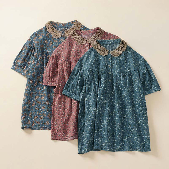 Buddha Stones Camicia da donna a maniche corte in cotone con bottoni frontali e stampa floreale. - image 12