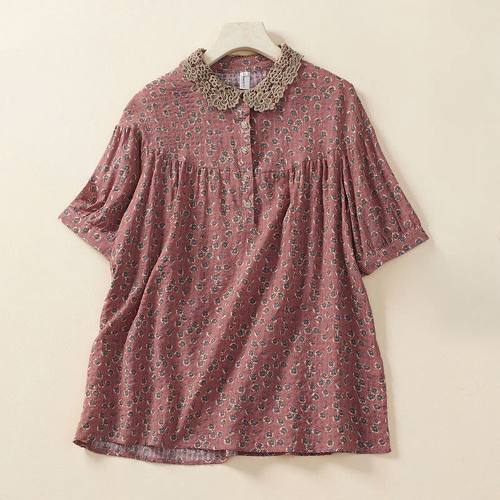 Buddha Stones Camicia da donna a maniche corte in cotone con bottoni frontali e stampa floreale. - Corallo chiaro - US8-10, UK/AU12-14, EU40-42 (2XL) - image 5