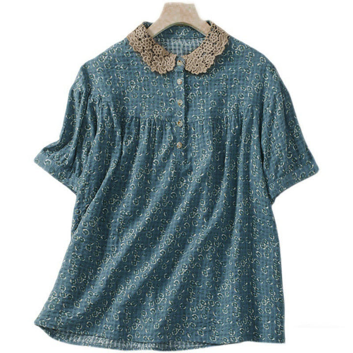 Buddha Stones Camicia da donna a maniche corte in cotone con bottoni frontali e stampa floreale. - image 3