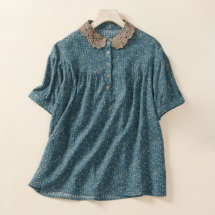 Buddha Stones Camicia da donna a maniche corte in cotone con bottoni frontali e stampa floreale. - SteelBlue - US8-10, UK/AU12-14, EU40-42 (2XL) - image 2