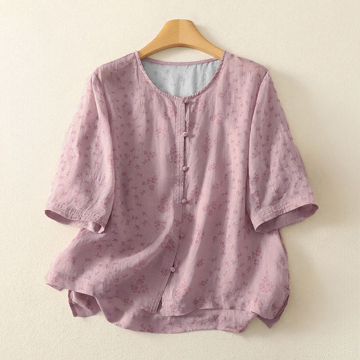 Buddha Stones Camicia da donna casual a maniche a tre quarti con stampa floreale e bottoni. - Lavanda Rosa - US12, UK/AU16, EU44 (3XL) - image 0