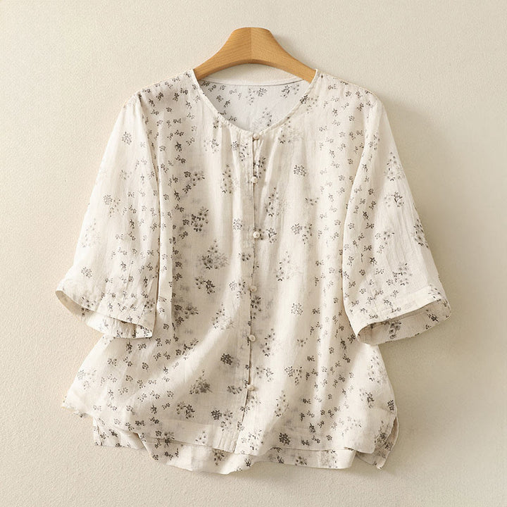 Buddha Stones Camicia da donna casual a maniche a tre quarti con stampa floreale e bottoni. - LemonChiffon - US12, UK/AU16, EU44 (3XL) - image 10