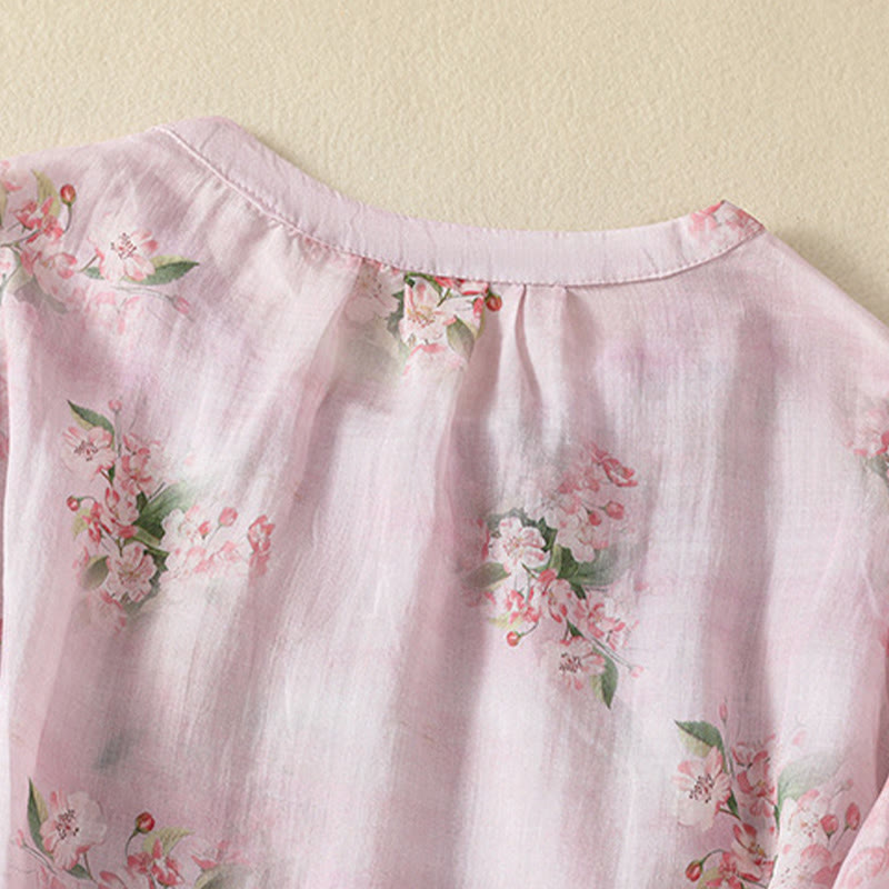 Buddha Stones Camicetta da donna a maniche corte con scollo rotondo, bottoni a rana e stampa floreale. - image 10