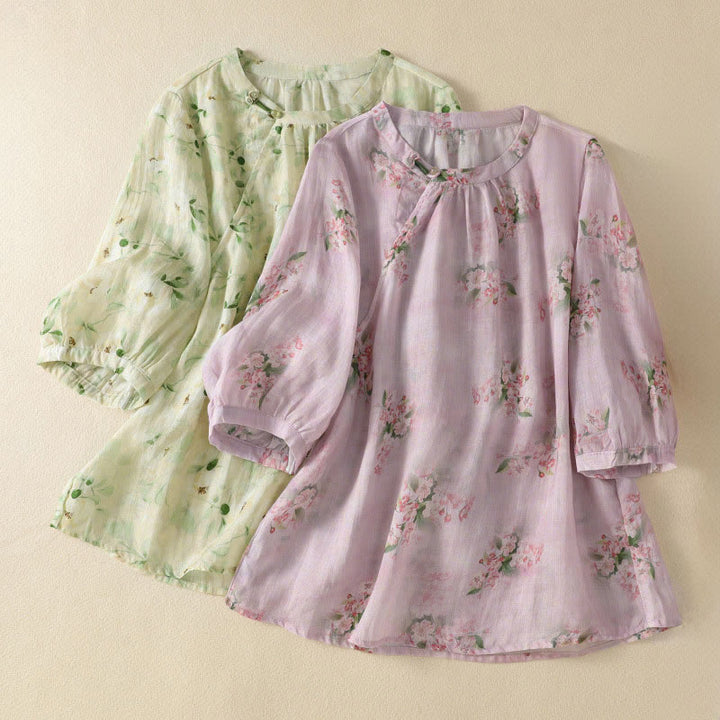 Buddha Stones Camicetta da donna a maniche corte con scollo rotondo, bottoni a rana e stampa floreale. - image 15