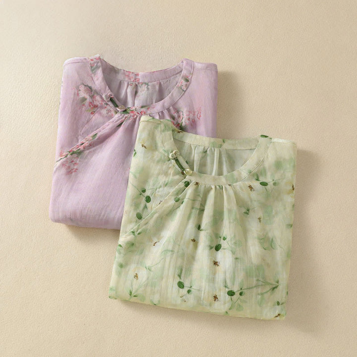 Buddha Stones Camicetta da donna a maniche corte con scollo rotondo, bottoni a rana e stampa floreale. - image 16