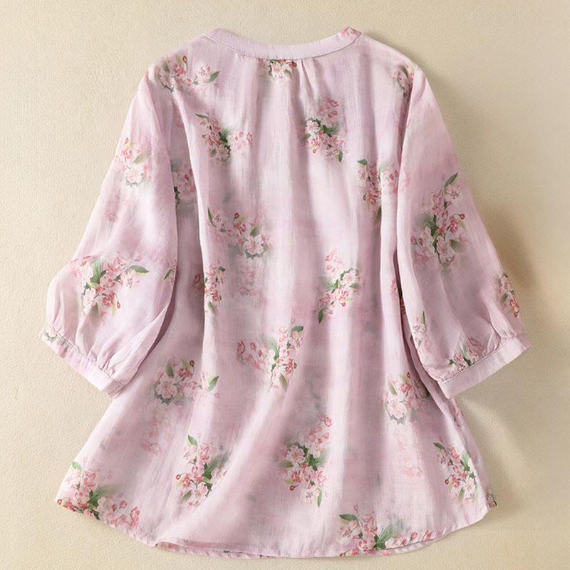 Buddha Stones Camicetta da donna a maniche corte con scollo rotondo, bottoni a rana e stampa floreale. - image 8