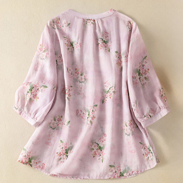 Buddha Stones Camicetta da donna a maniche corte con scollo rotondo, bottoni a rana e stampa floreale. - image 8