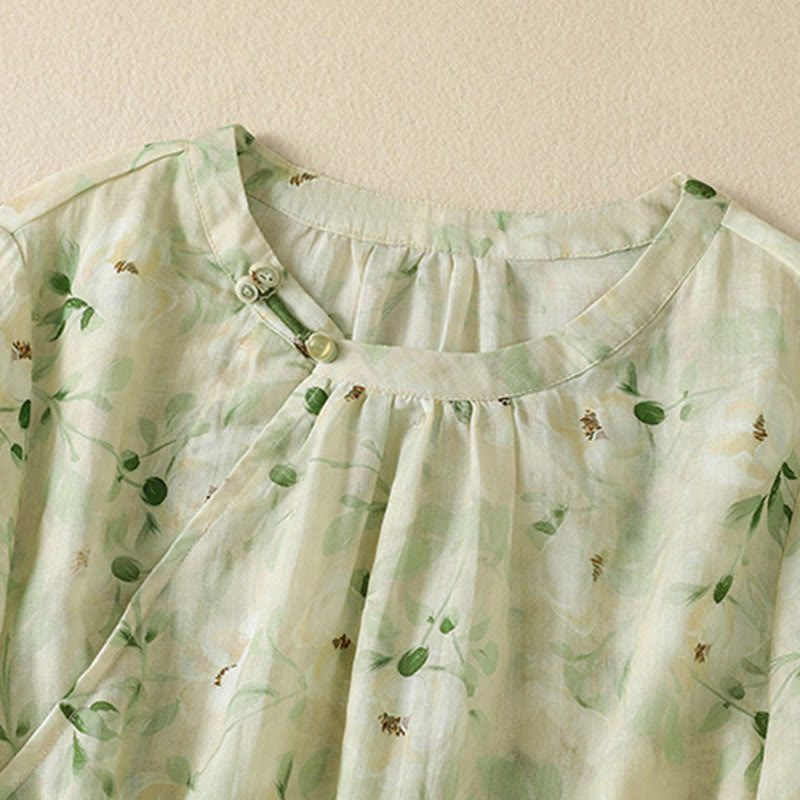 Buddha Stones Camicetta da donna a maniche corte con scollo rotondo, bottoni a rana e stampa floreale. - image 2