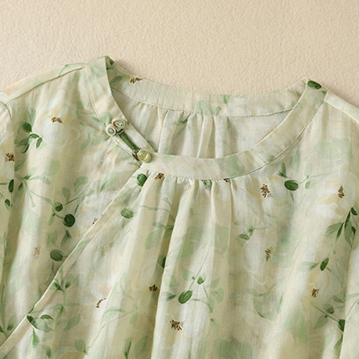 Buddha Stones Camicetta da donna a maniche corte con scollo rotondo, bottoni a rana e stampa floreale. - image 2