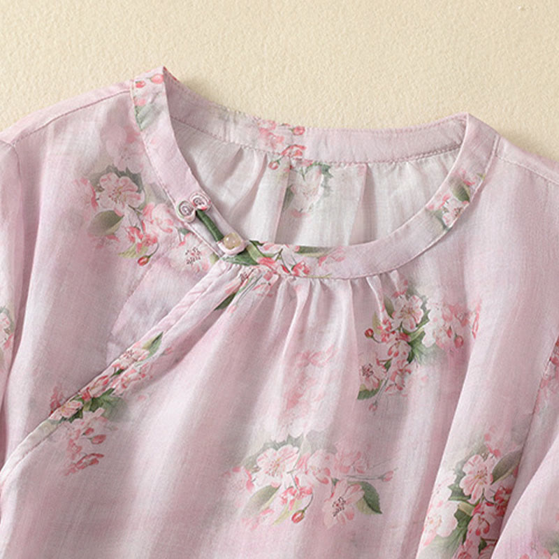 Buddha Stones Camicetta da donna a maniche corte con scollo rotondo, bottoni a rana e stampa floreale. - image 9