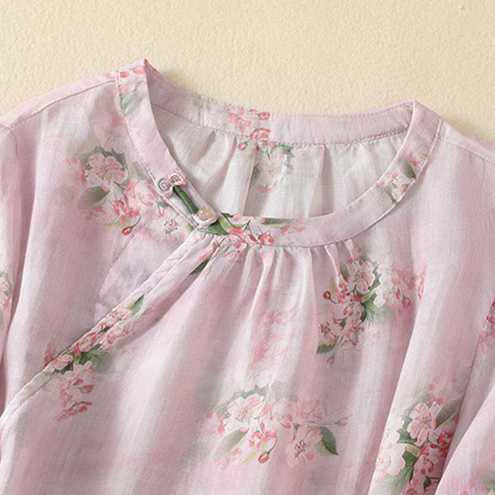 Buddha Stones Camicetta da donna a maniche corte con scollo rotondo, bottoni a rana e stampa floreale. - image 9