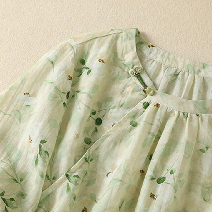 Buddha Stones Camicetta da donna a maniche corte con scollo rotondo, bottoni a rana e stampa floreale. - image 4