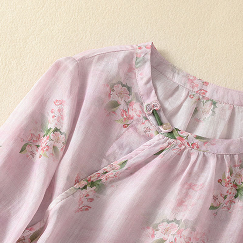 Buddha Stones Camicetta da donna a maniche corte con scollo rotondo, bottoni a rana e stampa floreale. - image 11