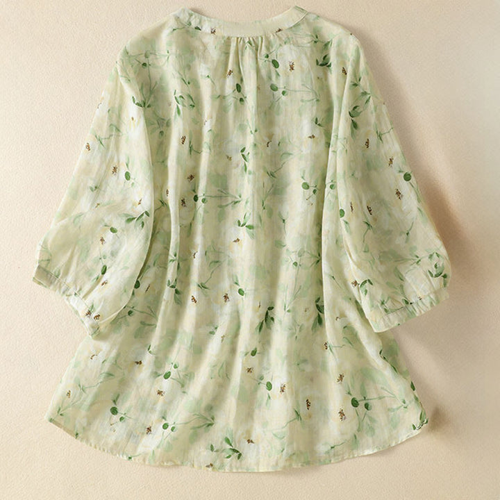 Buddha Stones Camicetta da donna a maniche corte con scollo rotondo, bottoni a rana e stampa floreale. - image 1