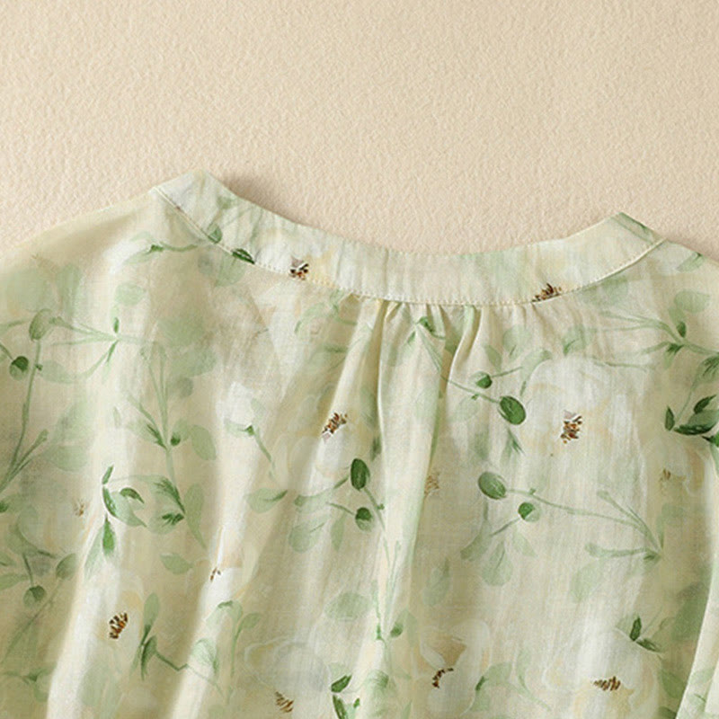 Buddha Stones Camicetta da donna a maniche corte con scollo rotondo, bottoni a rana e stampa floreale. - image 3