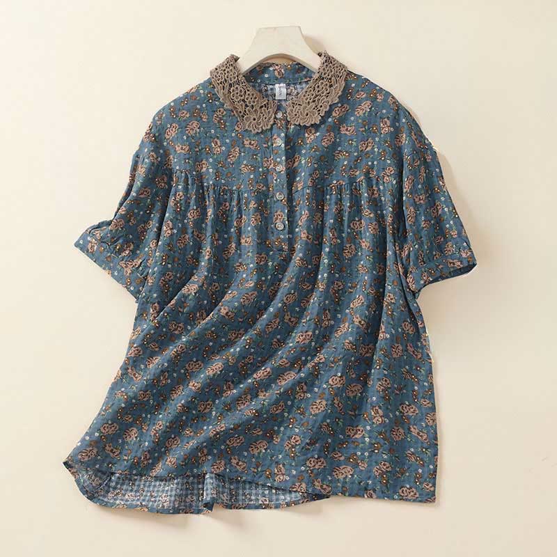 Buddha Stones Camicia da donna a maniche corte in cotone con bottoni frontali e stampa floreale. - Cadetto Blu - US8-10, UK/AU12-14, EU40-42 (2XL) - image 0