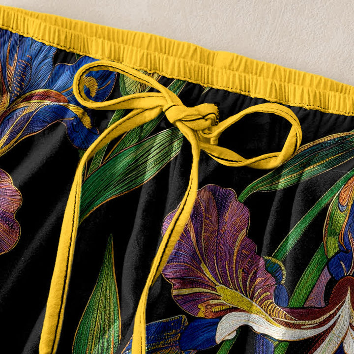 Buddha Stones Pantaloni da donna in cotone con elastico in vita e coulisse, fantasia floreale a iris colorata, con tasche. - image 1